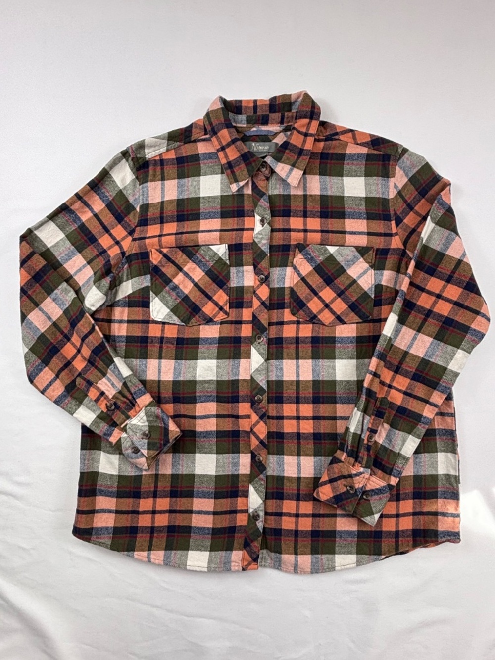 Natural Reflections Plaid Flannel Shirt Orange Green 100% Cotton Size Large